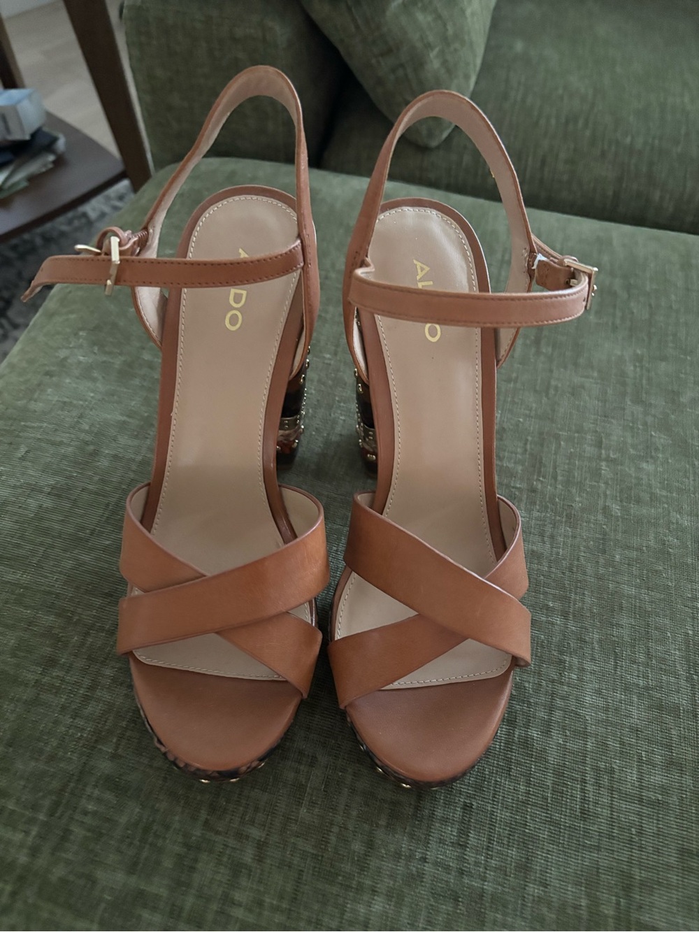 Aldo Brown Crisscross Leather Platform Heels